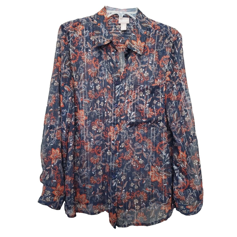 Chico's Chiffon Floral Metallic Stripe Semi-Sheer Button-Up Tunic Size 2 Large